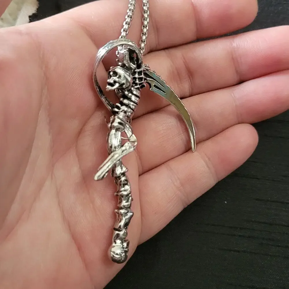 3D Grim Reaper & skull scythe silver tone necklace with round pearl box chain
